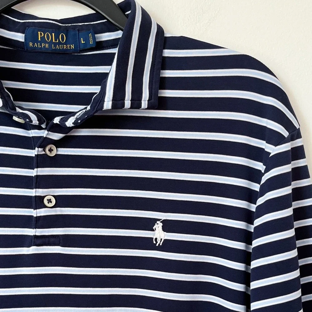 Polo Ralph Lauren Short Sleeve Striped Polo‎ Shirt Mens Large Navy Blue White